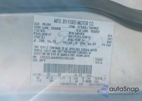 2005 Mercury Mountaineer z USA, uszkodzony, nr VIN 4M2ZU66K05UJ02481